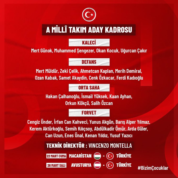 土耳其国家队新阵容揭晓！恰尔汉奥卢、德米拉尔等20将领衔名单